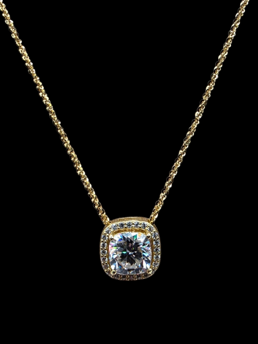 2.15 CTW Moissanite Solid 925 Sterling Silver Gold Overlay Halo Necklace